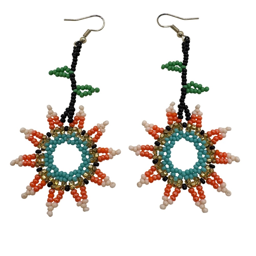 Handmade Peruvian Beaded Floral Sunburst Dangle Earrings Boho Seed Bead Jewelry